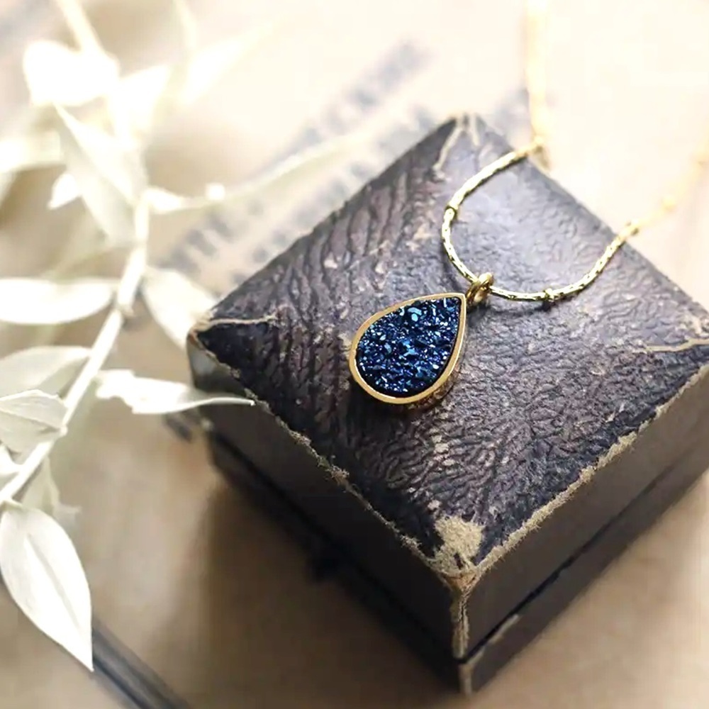 NEW 18K Gold Blue Druzy Teardrop